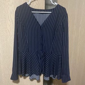 Ann Taylor Navy Striped V-Neck Blouse
